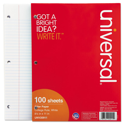 UNV20911 - Universal - Filler Paper, 3-Hole, 8.5 x 11, Medium/College Rule, 100/Pack