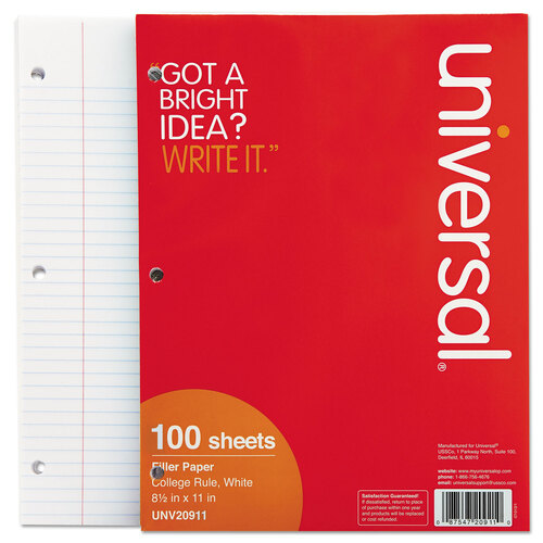 UNV20911 - Universal - Filler Paper, 3-Hole, 8.5 x 11, Medium/College Rule, 100/Pack