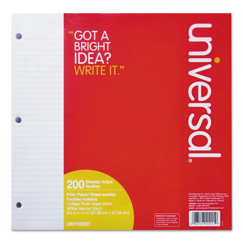 UNV20921 - Universal - Filler Paper, 3-Hole, 8.5 x 11, Medium/College Rule, 200/Pack