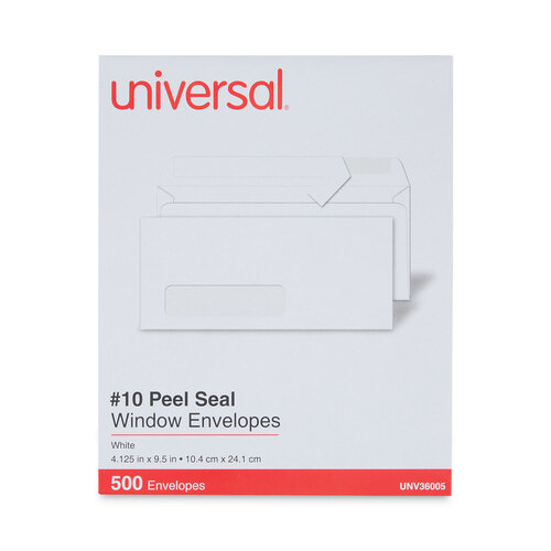 UNV36005 - Universal - Peel Seal Strip Business Envelope, Address Window, #10, Square Flap, Self-Adhesive Closure, 4.13 x 9.5, White, 500/Box