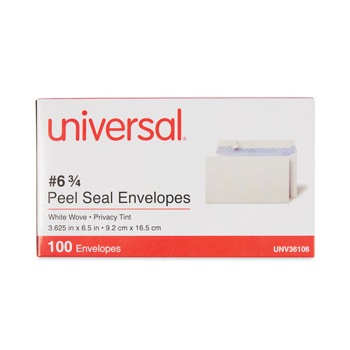 UNV36106 - Universal - Peel Seal Strip Security Tint Business Envelope, #6 3/4, Square Flap, Self-Adhesive Closure, 3.63 x 6.5, White, 100/Box