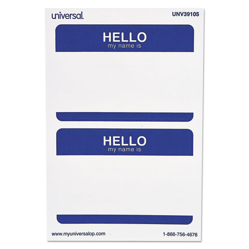 UNV39105 - Universal - &quot;Hello&quot; Self-Adhesive Name Badges, 3 1/2 x 2 1/4, White/Blue, 100/Pack