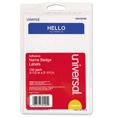 UNV39105 - Universal - &quot;Hello&quot; Self-Adhesive Name Badges, 3 1/2 x 2 1/4, White/Blue, 100/Pack