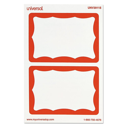 UNV39115 - Universal - Border-Style Self-Adhesive Name Badges, 3 1/2 x 2 1/4, White/Red, 100/Pack