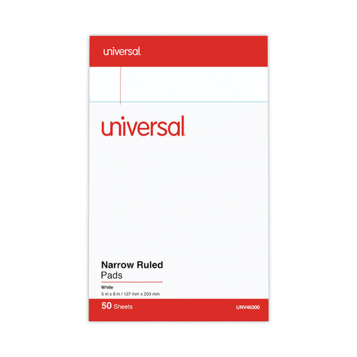 UNV46300 - Universal - Perforated Ruled Writing Pads, Narrow Rule, Red Headband, 50 White 5 x 8 Sheets, Dozen