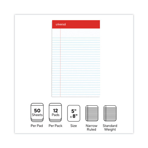 UNV46300 - Universal - Perforated Ruled Writing Pads, Narrow Rule, Red Headband, 50 White 5 x 8 Sheets, Dozen