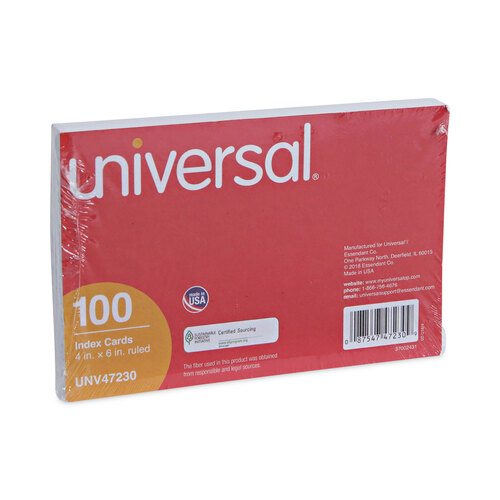 UNV47230 - Universal - Ruled Index Cards, 4 x 6, White, 100/Pack