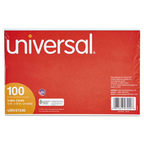 UNV47240 - Universal - Unruled Index Cards, 5 x 8, White, 100/Pack