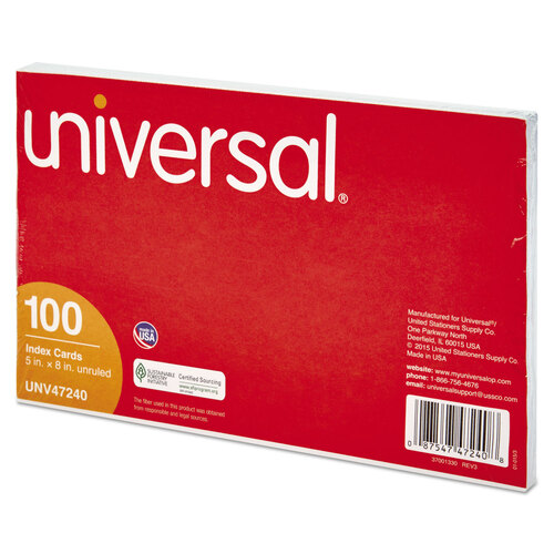 UNV47240 - Universal - Unruled Index Cards, 5 x 8, White, 100/Pack