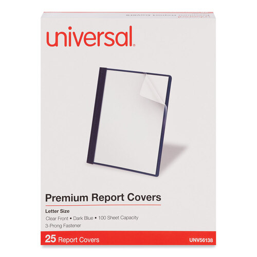UNV56138 - Universal - Clear Front Report Covers with Fasteners, Three-Prong Fastener, 0.5&quot; Capacity, 8.5 x 11, Clear/Dark Blue, 25/Box