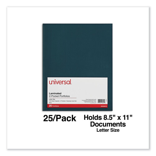 UNV56418 - Universal - Laminated Two-Pocket Folder, Cardboard Paper, 100-Sheet Capacity, 11 x 8.5, Navy, 25/Box