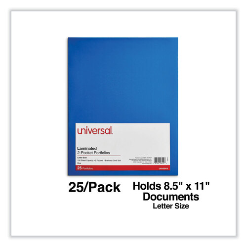 UNV56419 - Universal - Laminated Two-Pocket Folder, Cardboard Paper, 100-Sheet Capacity, 11 x 8.5, Blue, 25/Box