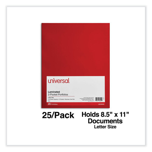 UNV56420 - Universal - Laminated Two-Pocket Folder, Cardboard Paper, 100-Sheet Capacity, 11 x 8.5, Red, 25/Box