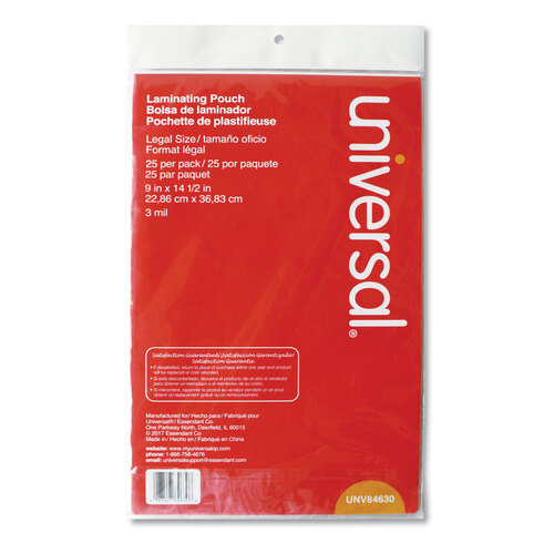 UNV84630 - Universal - Laminating Pouches, 3 mil, 9&quot; x 14.5&quot;, Matte Clear, 25/Pack