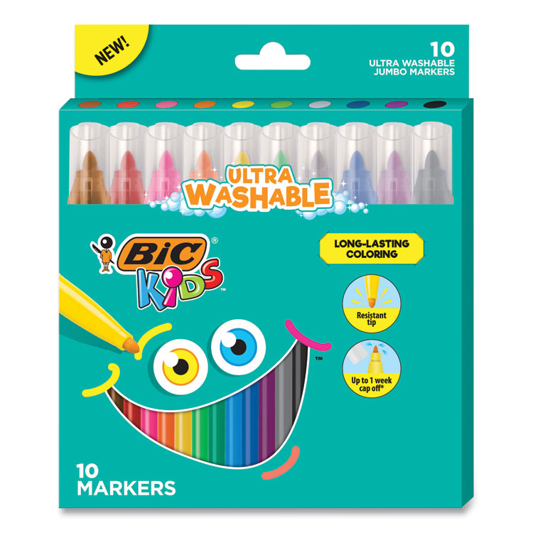 Washable SuperTip Markers, Fine/Broad Bullet Tips, Assorted Colors, 10/Set