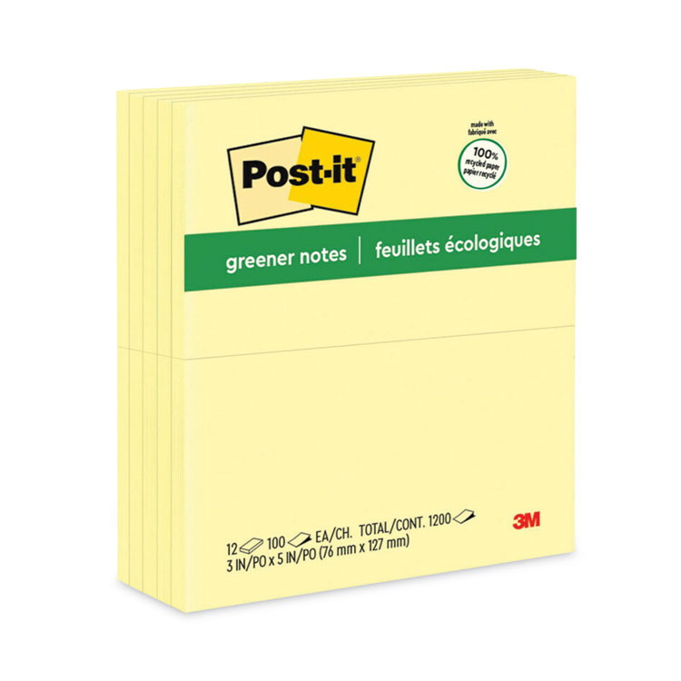MMM655RPYW - 3M - Original Recycled Note Pads, 3&quot; x 5&quot;, Canary Yellow, 100 Sheets/Pad, 12 Pads/Pack
