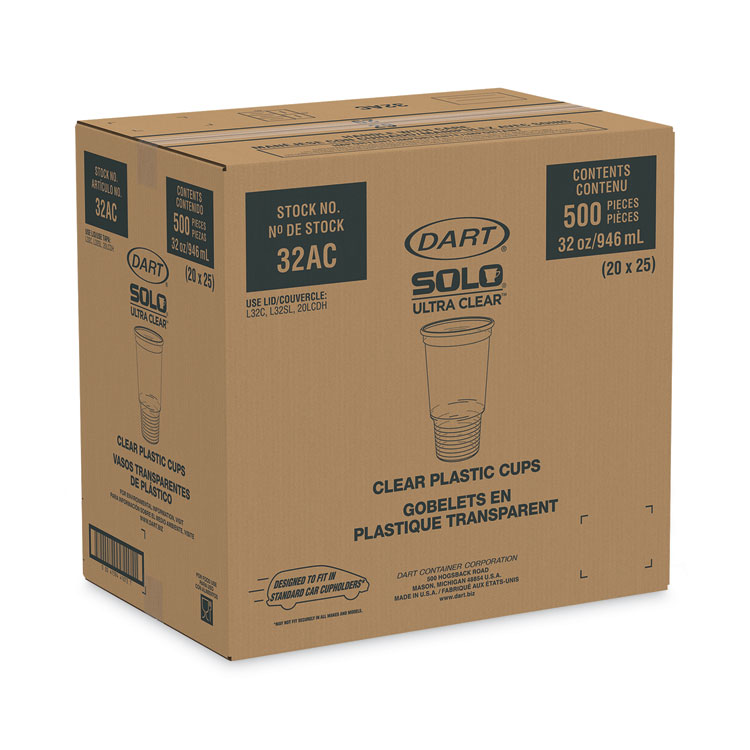 32 oz. Clear Disposable Plastic Cups, Cold Drinks, PET, 25 / Bag, 20 Bags /  Carton