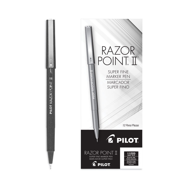 Pilot Razor Point II Marker Pen, Super Fine, Black Ink, Dozen