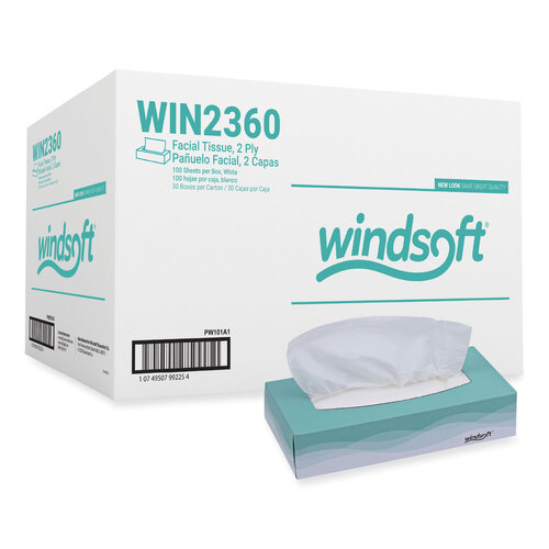 WIN2360 - Windsoft - Facial Tissue, 2 Ply, White, Flat Pop-Up Box, 100 Sheets/Box, 30 Boxes/Carton