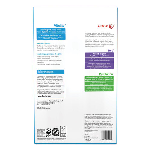 XER3R02051CT - Xerox - Vitality Multipurpose Print Paper, 92 Bright, 20 lb Bond Weight, 8.5 x 14, White, 500 Sheets/Ream, 10 Reams/Carton