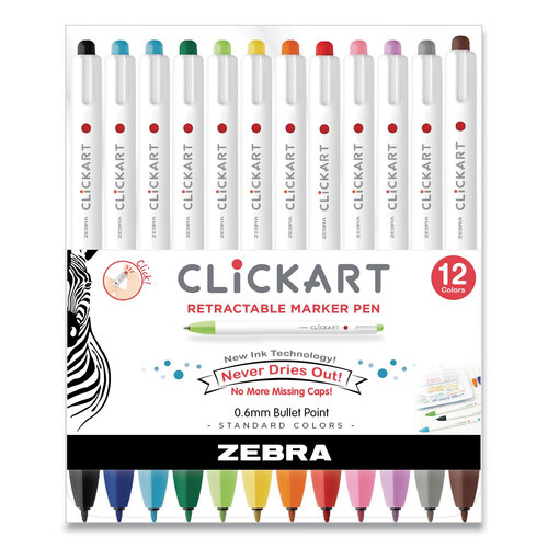 ZEB69012 - Zebra - ClickArt Porous Point Pen, Retractable, Fine 0.6 mm, Assorted Ink Colors, White/Assorted Barrel, 12/Pack