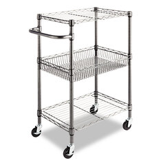 Alera Three-Tier Wire Cart with Basket, Metal, 2 Shelves, 1 Bin, 500 lb Capacity, 28