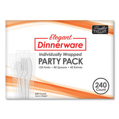 Berk Enterprises Elegant Dinnerware Heavyweight Cutlery Assortment, Individually Wrapped, 120 Forks/80 Spoons/40 Knives, White, 240/Box
