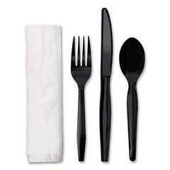 Boardwalk Four-Piece Cutlery Kit, Fork/Knife/Napkin/Teaspoon, Black, 250/Carton