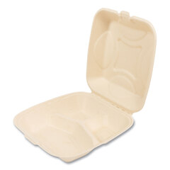 Boardwalk Bagasse PFAS-Free Food Containers, 3-Compartment, 9 x 1.93 x 9, White, Bamboo/Sugarcane, 200/Carton