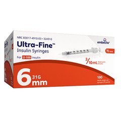 BD Ultra-Fine Insulin Syringe with Half-Unit Scale 31G x 6 mm, 3/10 mL (100 count), BX/1