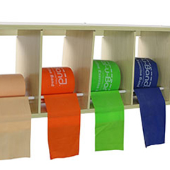 Fabrication Enterprises CanDo&reg; Exercise Band Rack, Plastic, 5 Rolls, Including: Val-u-Band&reg; - Low Powder - 5 x 50 Yard Rolls (Peach, Orange, Lime, Blueberry, Plum)