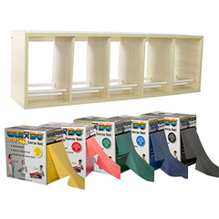 Fabrication Enterprises CanDo&reg; Exercise Band Rack, Plastic, 5 Rolls, Including: Perf 100&reg; - Latex Free- 5 x 100 Yard Rolls (Yellow, Red, Green, Blue, Black)