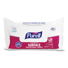 GOJO PURELL&reg; Foodservice Surface Sanitizing Wipes, 1-Ply, 7.4 x 9, Fragrance-Free, White, 72/Pouch, 12 Pouches/Carton