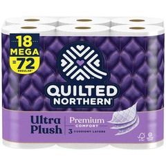 Georgia Pacific Quilted Northern Ultra Plush Bathroom Tissue, Mega Roll, Septic Safe, 3-Ply, White, 255 Sheets/Roll, 18 Rolls/Carton