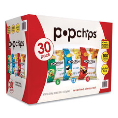 Popchips Potato Chips, Variety Pack, Barbeque, Sea Salt, Sour Cream and Onion, 0.8 oz Bag, 30/Pack, Ships in 1-3 Business Days