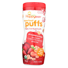 HGR0554469 - Happy Baby - Happy Bites Organic Puffs Finger Food for Babies - Strawberry Puffs - Case of 6 - 2.1 oz.