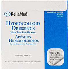 INDZDHC22B-BX - Independence Medical - ReliaMed Sterile Latex-Free Hydrocolloid Dressing with Film Back and Beveled Edge 2 x 2, 20/BX