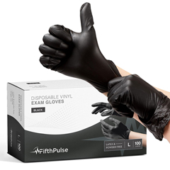 FifthPulse Vinyl Exam Latex Free & Powder Free Gloves - Black - Box of 100 Gloves (Large)