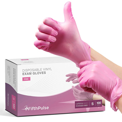 FifthPulse Vinyl Exam Latex Free & Powder Free Gloves - Pink - Box of 100 Gloves (Small)