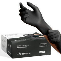 FifthPulse Vinyl Exam Latex Free & Powder Free Gloves, Black, Medium, 50/Box
