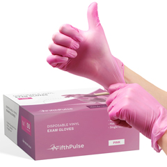 FifthPulse Vinyl Exam Latex Free & Powder Free Gloves, Pink, Medium, 50/Box