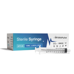 FifthPulse 10ml Syringe with Luer Lock (NO Needle), Measurement Dispensing, Sterile, Individually Wrapped, 25/Pack