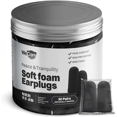 WeCare Individually Wrapped Soft Foam Highest NRR 33dB Earplugs, Black, 30 Pairs