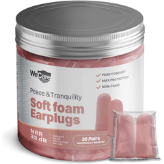 WeCare Individually Wrapped Soft Foam Highest NRR 33dB Earplugs, Pink, 30 Pairs
