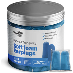 WeCare Individually Wrapped Soft Foam Highest NRR 33dB Earplugs, Blue, 30 Pairs