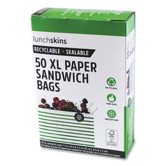 lunchskins Paper Sandwich Bag, 7.1 x 2 x 9.4, White with Green Stripes, 50/Box