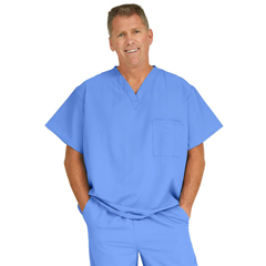 Medline Fifth Ave Unisex Stretch Fabric V-Neck Scrub Top with 1 Pocket, Blue, Medium