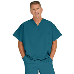 Medline Fifth Ave Unisex Stretch Fabric V-Neck Scrub Top with 1 Pocket, Blue, XL
