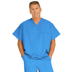 Medline Fifth Ave Unisex Stretch Fabric V-Neck Scrub Top with 1 Pocket, Blue, Large