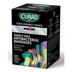 CURAD Ironman Antibacterial Bandages, Perforated Inner, 6 Colors, Size XL, 10/BX